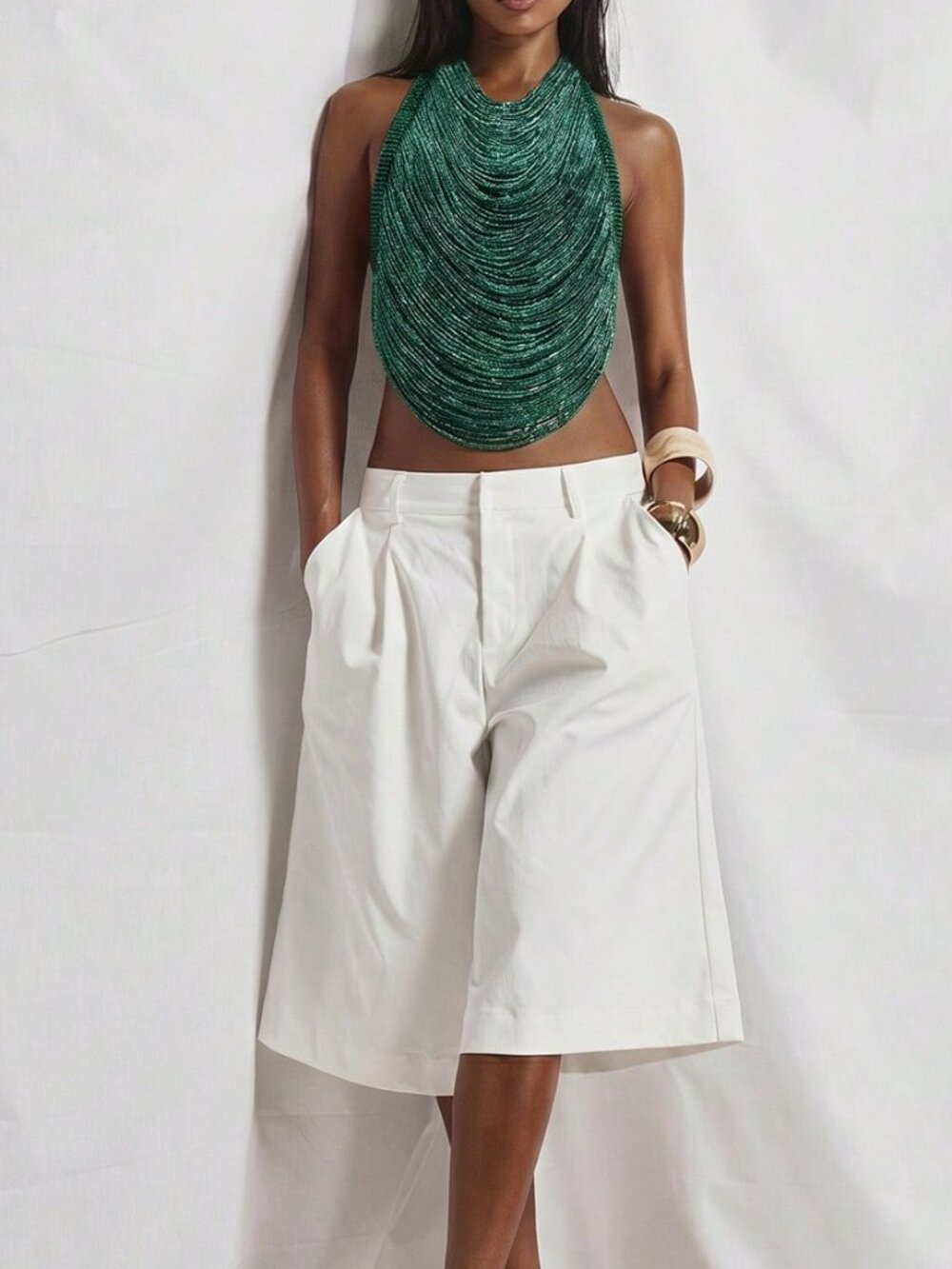 Dark Green Party Women's High Cowl Neck Draped Fringe Open Back Fitted Top - Picture 3 of 6